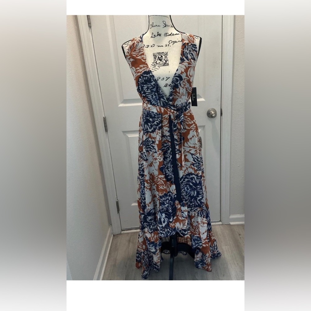 Lulu's Navy and Brown Floral Wrap Maxi Dress